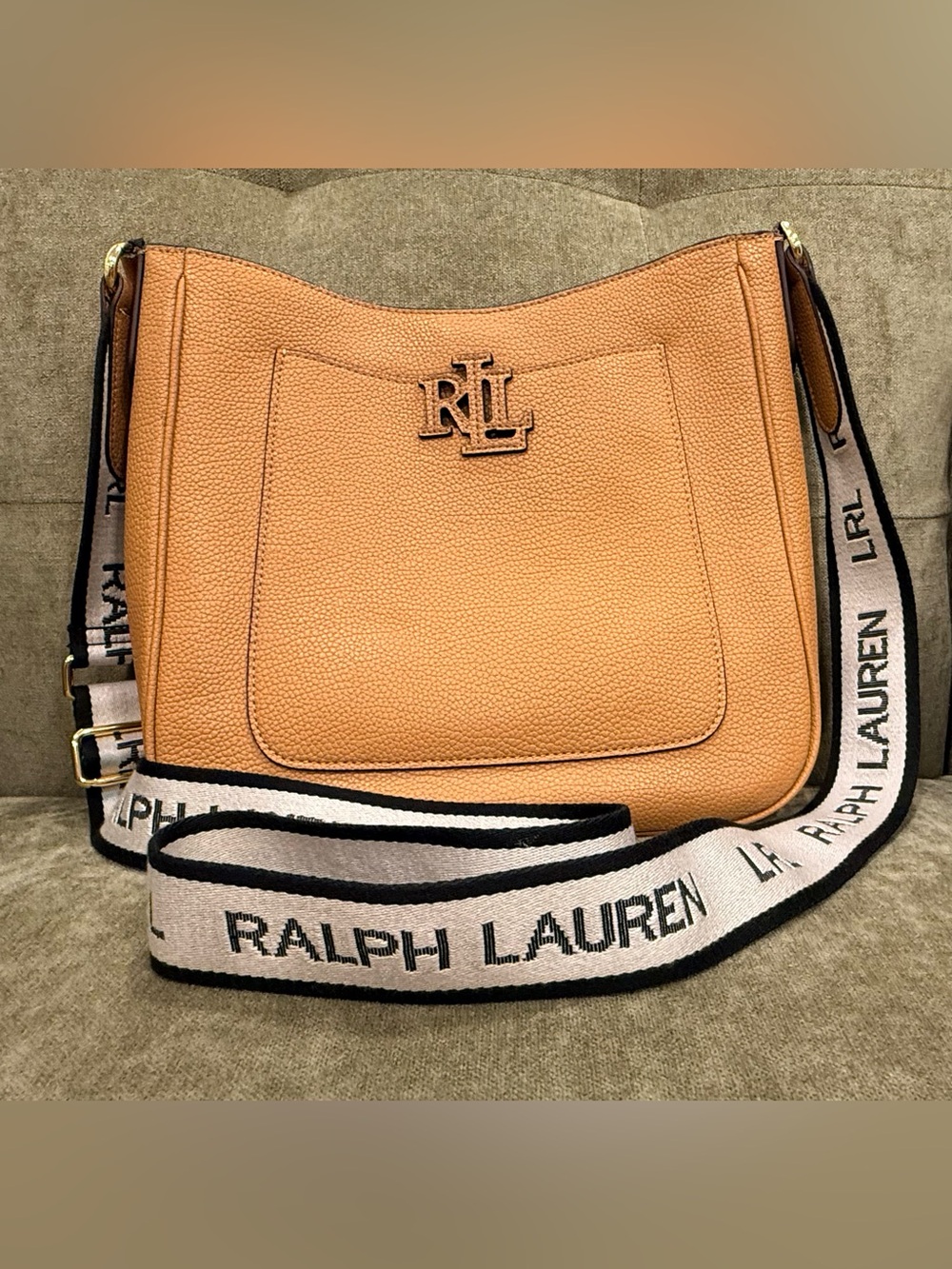 Lauren Ralph Lauren Tan Pebbled Leather Crossbody with Logo Canvas Strap